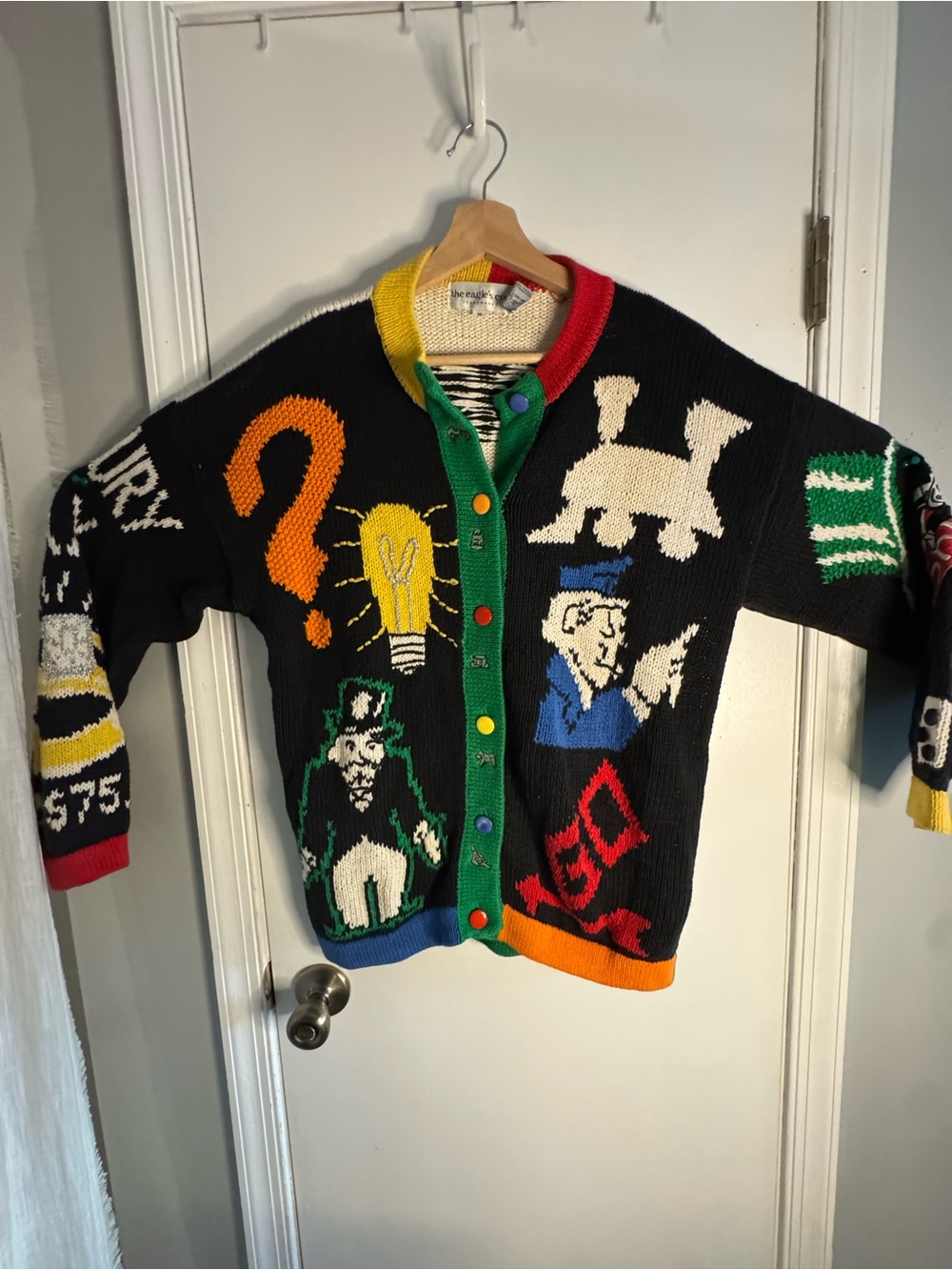 Vintage 1990s Multicolor Graphic Monopoly Game Themed Cardigan “Eagle Eye”